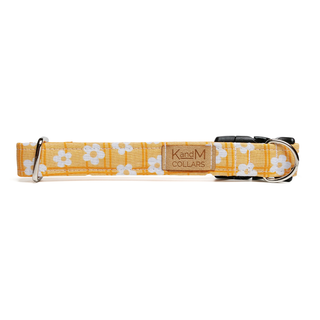 K and M Bright Yellow Daisies On Plaid Dog Collar | Henlo Pets