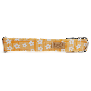 K and M Bright Yellow Daisies On Plaid Dog Collar | Henlo Pets
