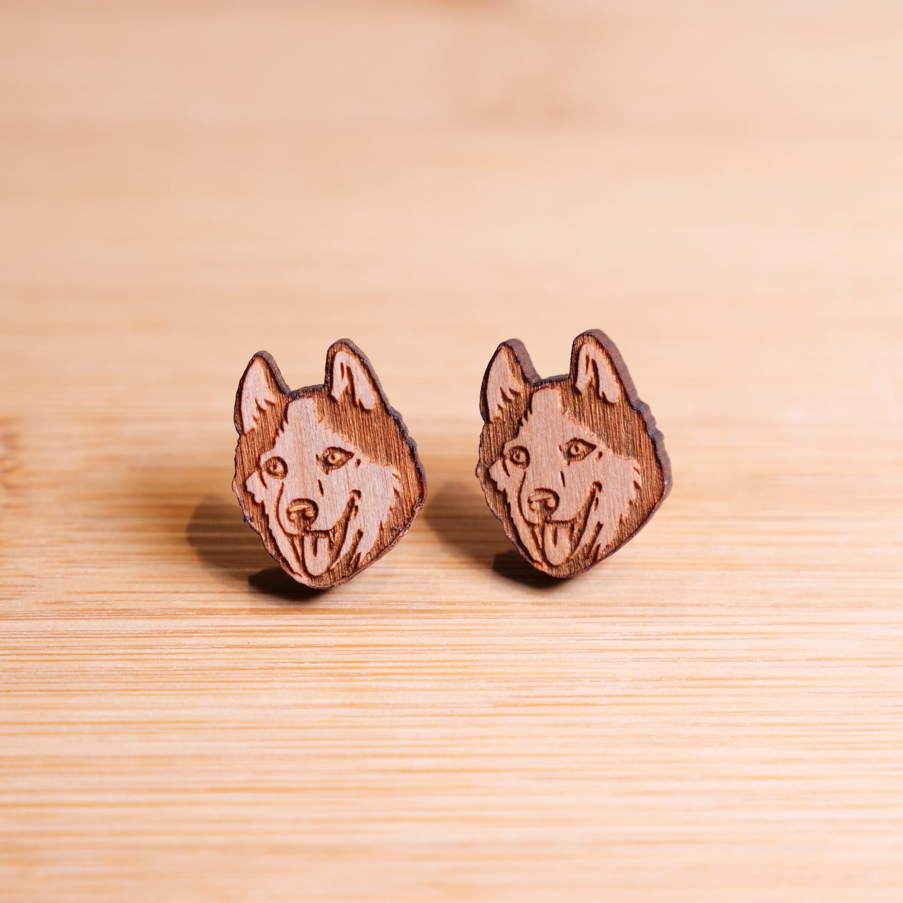 Playful Husky - Wooden Stud Earrings - Henlo Pets